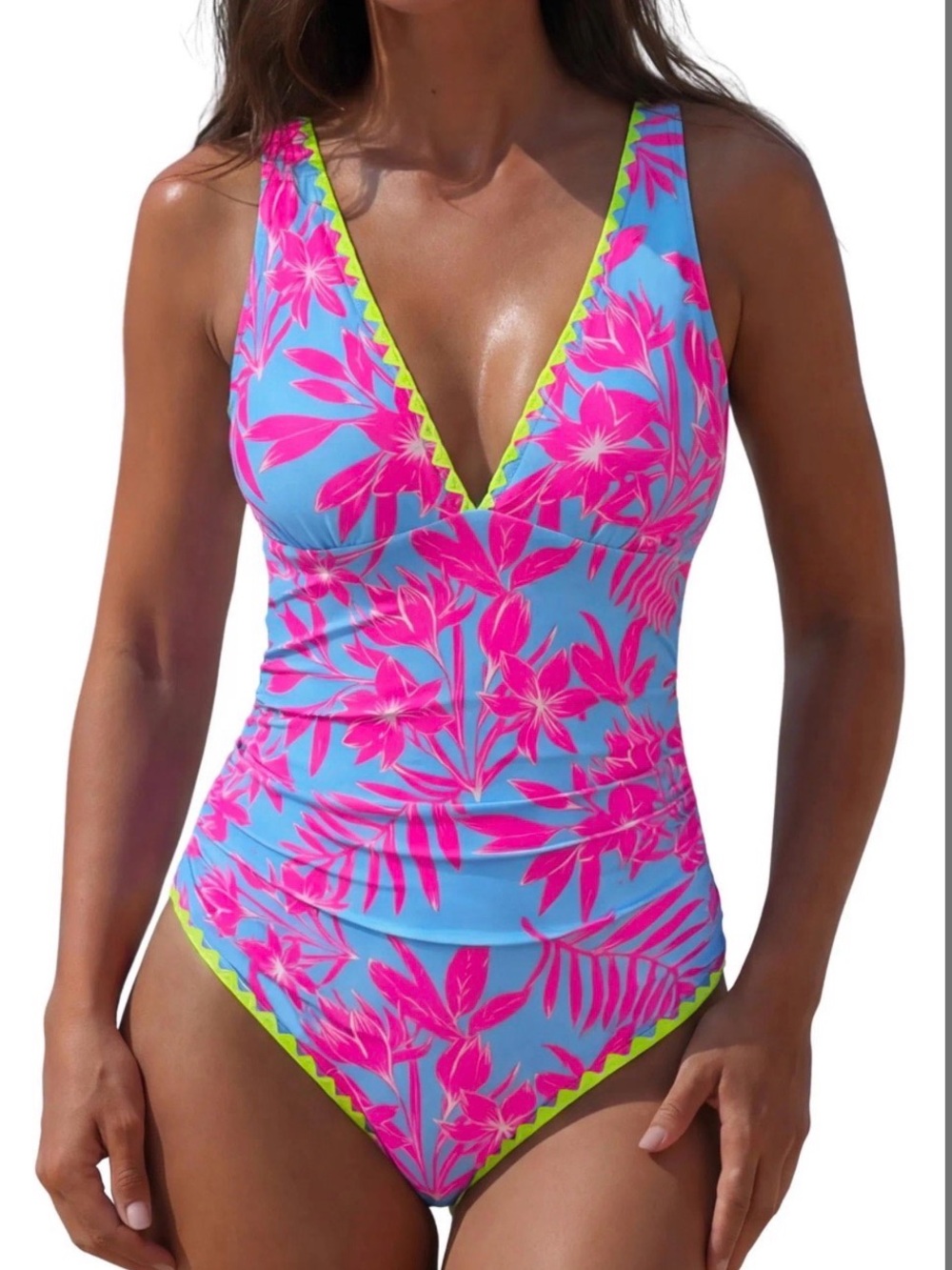 Vibrant Pink Floral One-Piece Swimsuit with Sky Blue Base